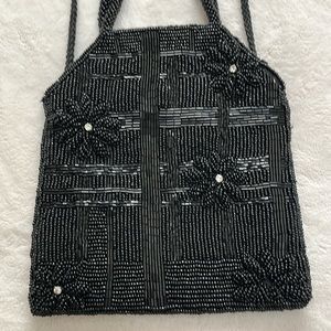 Vintage Unbranded Womens Art Deco Micro Beaded Hand Bag Black Rhinestone Accents